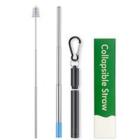FRSWAY Portable Reusable Drinking Straws - Telescopic Stainless Steel Metal Straw with Aluminum Case & Cleaning Brush Accessories (Black)