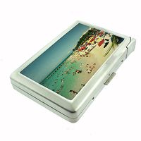 Perfection In Style Metal Cigarette Case with Built in Lighter Vintage Beach Design 004