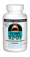 Source Naturals Vitamin K2 + D3 Bone & Heart Health Complex - 400 IU Vitamin D3 & 100 mcg Vitamin K2 (MK-7) with Calcium - 30 Tablets