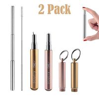 Reusable Collapsible Straws, Telescopic Stainless Steel Metal Drinking Straws Portable Straw with Key-ring Case & Cleaning Brushes & Silicone Tips, 2 Pack (Rose Gold &Gold)