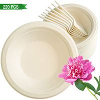 Kikigreen Paper Bowls And Spoons [220 PACK] Compostable Soup Bowls, Microwavable Disposable Heavy Duty Bagasse Sugar Cane Fiber 12-oz