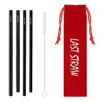 LAST STRAW Red Velvet Collection – Portable 304 Stainless Steel Cocktail Length Eco-Friendly Drinking Straws - Set of 4 Washable Black Metal Straws + Brush + Velvet Carrying Pouch