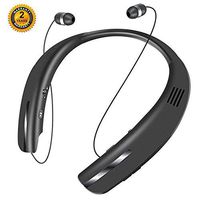 Bluetooth Headphones Speaker 2 in 1,SEOBIOG Neckband Wireless Headset Wearable Speaker True 3D Stereo Sound Sweatproof Headphones with Retractable Earbuds Built-in Microphone (Black)