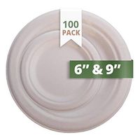 CaterEco Bagasse Compostable Disposable Plates (100 Count) | 6” and 9" Eco Friendly Biodegradable Round Plate Set | 100% Tree-Free Paper Plates Alternative | for Parties, Dessert, Cake & More