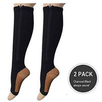 Lingssss Zipper Compression Socks Medical, 2 Pair Toeless Nurse Zip Compression Socks with Zipper Easy on off 15-20 mmHg for Varicose Veins, Edema, Swollen Sore Legs (black copper, s/m)