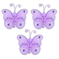 3" Purple Mini (X-Small) Wire Bead Butterfly Butterflies 3pc set - hanging nylon nursery bedroom girls room ceiling wall decor, wedding birthday party baby bridal shower