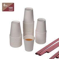 [8 oz] [100 Cups & 100 Stirrers] [FREE 15 Sleeves & 15 Lids] Per Pack, Disposable White Paper Cups 8 oz Serving for coffee, Tea, Cappuccino etc Hot Drinks and Cold Drinks (white, 8 oz)
