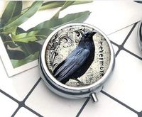 Charm Crescent Moon Poe's Raven Compact 3 Compartment Medicine Case, Pill Box for Pocket or Purse Pill Box Decorative Pill Case with Gift Box