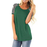 Meikosks Women's Leopard Short Sleeve Patchwork T Shirt Round Neck Tops Color Block Blouses Green