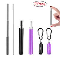 2 Pack Reusable Metal Straws Collapsible Stainless Steel Drinking Straw Portable Telescopic Straw with Case Black/Purple