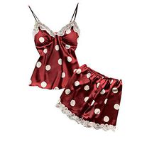 Sunhusing Ladies Sexy Satin Lace Splicing Wavy Dot Print Camisole + Elastic Waist Shorts Pajamas Underwear(Red,2XL)