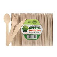 Disposable Wooden Cutlery Set - 300 pc,100 Forks, 100 Spoons, 100 Knives, 6" Length Eco-Friendly 100% Compostable Biodegradable, Natural Wooden Utensils, Party Use, Camping by GREEN & AWESOME