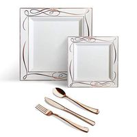Helen’s 125 Piece Rose Gold Square Disposable Plastic Plates Cutlery Set|Silverware Premium Quality Wedding Party|Set Include: 25 Dinner Plates + 25 Dessert Plates + 25 Forks + 25 Spoons + 25 Knives