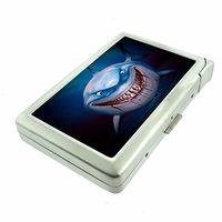 Shark Em1 Hip Silver Cigarette Case With Built In Lighter 4.75" X 2.75" Id Holder Metal Wallet RFID Protection