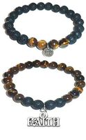 Hidden Hollow Beads Charm Tigers Eye and Black Lava Natural Stone Women's Yoga Beaded Stretch Bracelet Set. Comes in A Gift Box! (Faith)