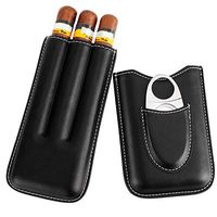 Real Leather Black Cigar Case with Silver Stainless Steel Cutter
