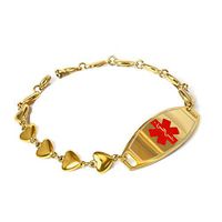 My Identity Doctor - Custom Engraved Medical Bracelet, Gold Toned 316L Stainless Steel Hearts, 1cm - Wrist Size 7.75 Inch