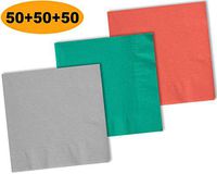 150 Beverage Napkins, Shimmering Silver, Teal, Coral - 50 Each Color. 2 Ply Paper Cocktail Napkins. 5" folded, 10" unfolded.