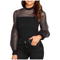 Meikosks Women's Sexy Tunic Mesh Gauze See-Through Patchwork Blouses Long Sleeve Crewneck T Shirt Black