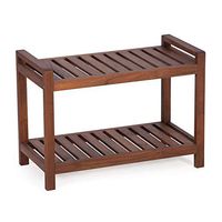 Rich Brown Finish Solid Teak Wood Slatted Shower Bench Stool with Lower Shelf for Bathroom