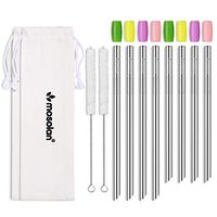 Stainless Steel Boba Straws Set: 8 Angled-Tip Straws + 2 Cotton Cleaning Brushes + 2 Pouches + 8 Silicone Tips, 0.5 Inches Wide Bubble Tea Smoothies Milkshake Straws, Reusable Metal Straws in 2 Sizes