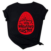 Eoeth Women Easter Letter Printed Short Sleeves Fashion O-Neck Tops Pullover Casual Blouse Shirts T-Shirt Tracksuits Tee Black