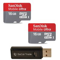 Sandisk 32GB (16GB x2) MicroSD HC Ultra UHS-1 Memory Card, Class 10 with SoCal Trade (tm) MicroSD HC XC & SD HC XC Dual Slot Card Reader