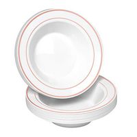 50 Disposable White with Rose Gold Trim Plastic Soup Bowls | 14 oz. Premium Heavy Duty Disposable Dinnerware with Real China Design | Safe & Reusable and Great for Parties or Weddings. (50-Pack)