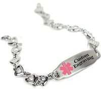 My Identity Doctor Custom Engraved Medical Bracelet 316L Stainless Steel Hearts, Round 2mm Cubic Zirconia - Wrist Size 5 Inch