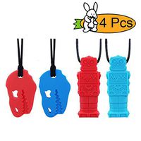 Chew Necklace by GNAWRISHING - 4-Pack (Robot and Dinosaur）- Perfect for Autistic, ADHD, SPD, Oral Motor Children, Kids, Boys, and Girls (Tough, Long-Lasting)