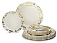 " OCCASIONS" 150pcs set (25 Guests)-Vintage Wedding Party Disposable Dinnerware Set Plastic Plates 10.25'', 7.5'' + Silverware w/double fork (Portofino Ivory & Gold)