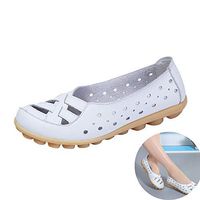 Women's Casual Hollow Shallow Single Shoes Comfy Flat Breathable Soft Bottom Loafers Penny PU Leather Sandals Peas Boat Shoes (White, 9 M US)