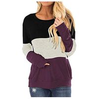Sunhusing Womens Tri-Color Stitching Stripe Print Casual Round Neck Long Sleeve Pullover Loose T-Shirt Tops(Purple,L)