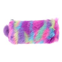 Junlinto,2019 Cute Multi-Color Rainbow Pencil Case Women Girls School Supplies Faux Rabbit Fur Ball Makeup Storage Pompom Cosmetic Bag 1