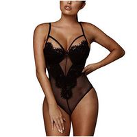 Plus-Size Baby Doll Lingerie, Women Lace Lingerie Deep V Teddy One Piece Babydoll Mini Bodysuit（Black,L