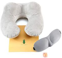 TMMLOVE Soft Velvet Inflatable Neck Support Pillows  with Corded Earplugs, 3D Eye Mask and Drawstring Bag (Grey)