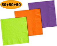150 Beverage Napkins, Lime Green, Pumpkin Orange, Amethyst - 50 Each Color. 2 Ply Paper Cocktail Napkins. 5" folded, 10" unfolded.