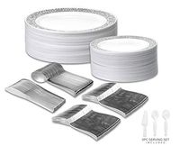 Disposable Wedding Dinnerware Set 303pc/50 Guest Silver Premium | 50 Dinner Plates, 50 Dessert Plates, 100 Forks, 50 Spoons, 50 Knives, 3pc Serving Set (50 Guest Set, Silver)