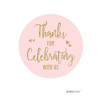 Andaz Press Blush Pink Gold Glitter Print Wedding Collection, Round Circle Label Stickers, Thank You for Celebrating with US, 40-Pack