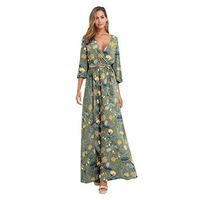 Amlaiworld Fashion Women Wrap Dress V Neck Three Quarter Sleeve Printed Dress Beach Long Dress Green