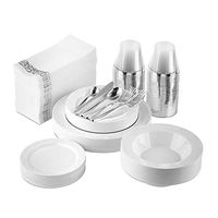 Nice Plastic Plates White - 300 Piece Set for 25 Guests Includes 75 Disposable Plates, 50 Forks, 25 Knives, 25 Spoons, 25 Mini Spoons, 25 Bowls, 25 Silver 9 Oz Cups, 50 Guest Towels (White)