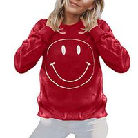Alangbudu Women Smile Printed Casaul Sweatshirt Youth Tops Baggy Pullover Long Sleeve Loose Gathered Curved Hem Blouse
