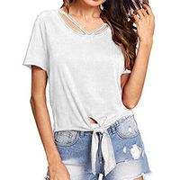 JQjian Women's O Neck Short Sleeve Blouse, Ladies Tie Front Knot Casual Loose Fit Tee T-Shirt (M, White)