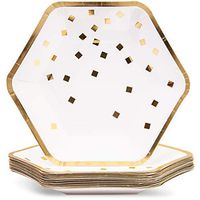 Blue Panda 24 Pack Disposable Paper Plates - 9 x 8 Inches Gold Confetti Hexagon Design Party Supplies for Wedding, Birthday, Appetizer, Lunch, Dinner and Dessert