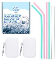 HappyTurtle Reusable Straws with Case - 4 silicone straws with case & keychain - Various collapsible straw, straw cleaning brush. Best reusable straw. Eco friendly, straws drinking reusable for kids