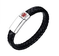 VNOX Free Engraving- Genuine Leather Stainless Steel Medical Alert ID Cuff Bangle Bracelet for Men Women,8.3"