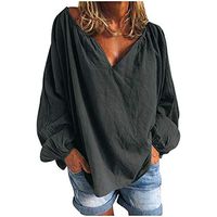 Meikosks Women's Blouses Lantern Sleeves V Neck T Shirt Loose Plus Size Tops Solid Color Pullover Gray