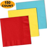 150 Lunch Napkins, Red, Lemon Yellow, Island Blue - 50 Each Color. 2 Ply Paper Dinner Napkins. 6.5" folded, 13.5" unfolded.