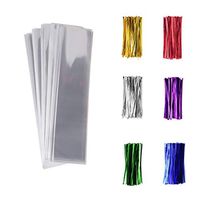 Bettli 200 Pack 2" x 12" Clear Long Candy Cello Cellophane Treat Bags - 1.4mil Thickness OPP Plastic Bags with Random Colors Twist Ties Perfect for Candy Nuts Small Gifts