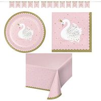 Olive Occasions Swan Happy Birthday Disposable Paper Party Supplies 16 Dinner Plates, 16 Lunch Napkins, Banner, Table Covers, Grandma Olive's Recipe